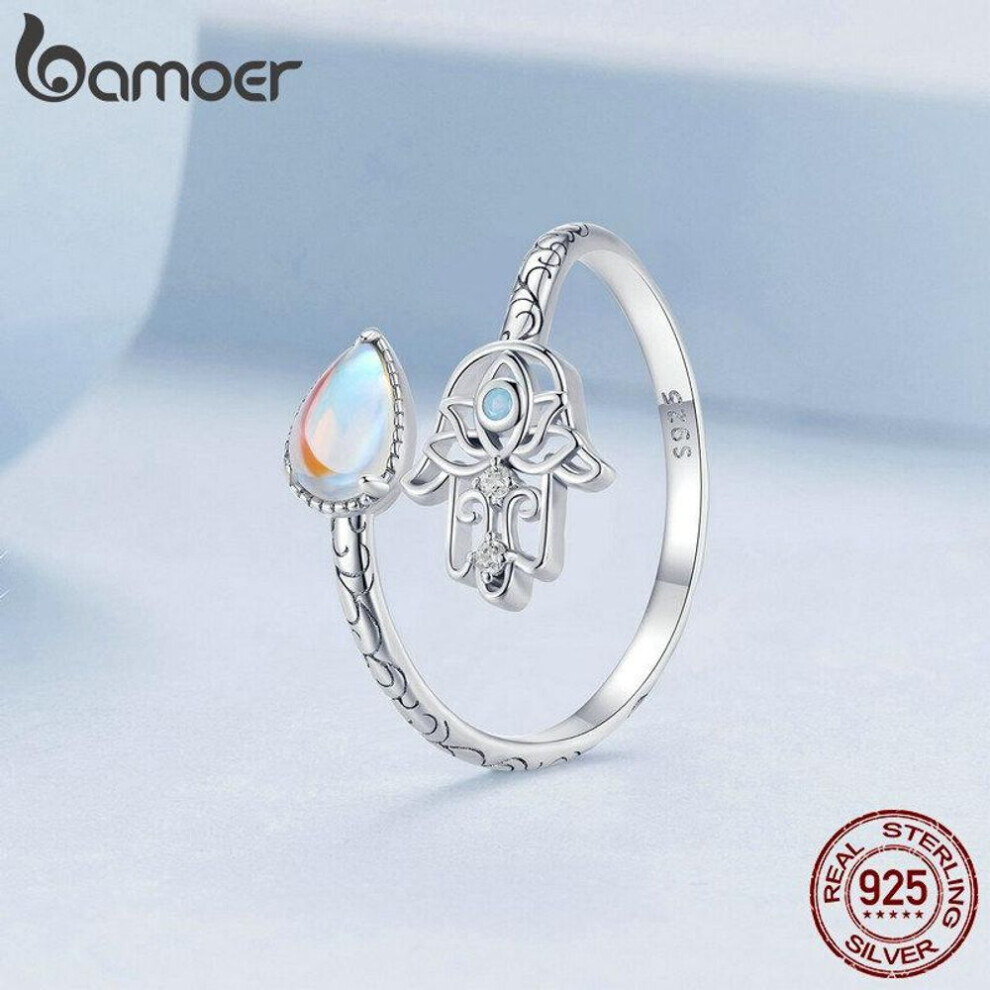 (925 silver) Bamoer 925 Sterling Silver Lucky Hand Of Fatima Opening Ring Rainbow Moonstone Teardrop Stackable Rings Party Jewelry Gift
