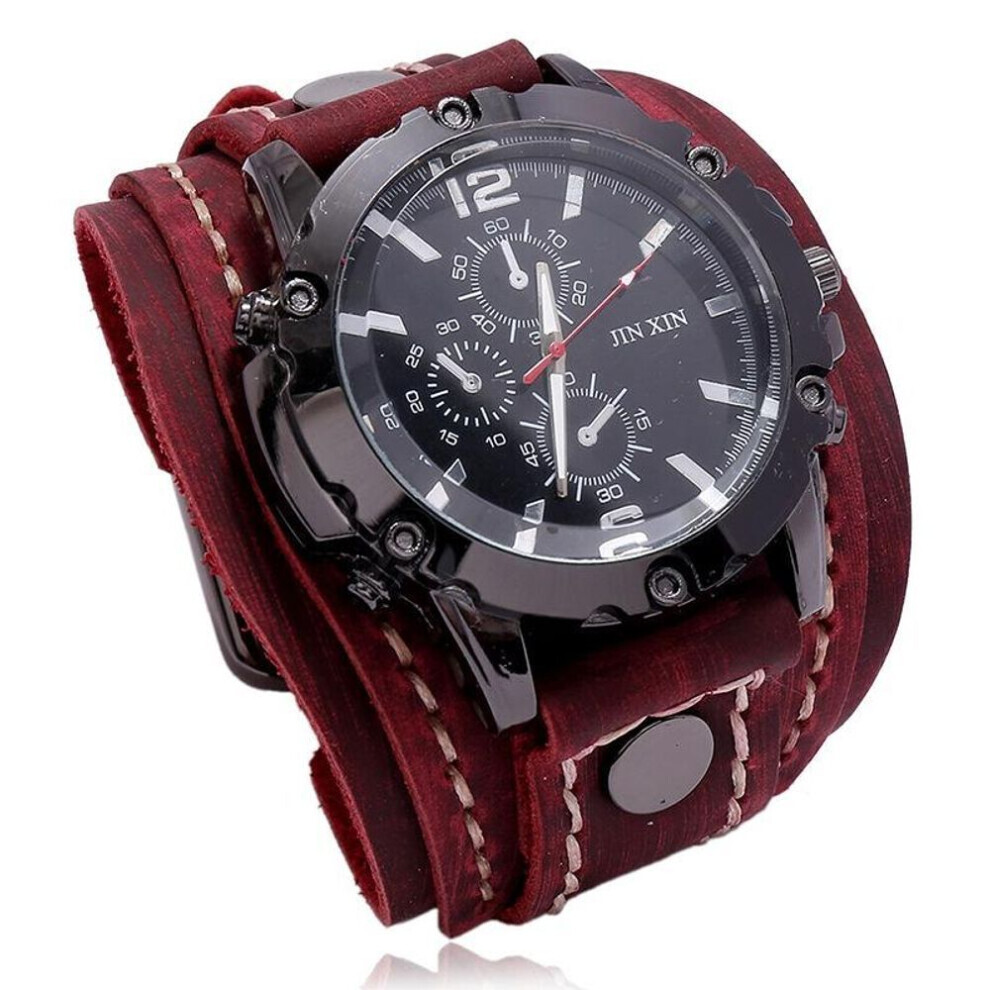(red) Punk Vintage Leather Watch Hand Stitched Leather Watch Steam Age Watch Men&apos;s Watch Hip Hop Watch