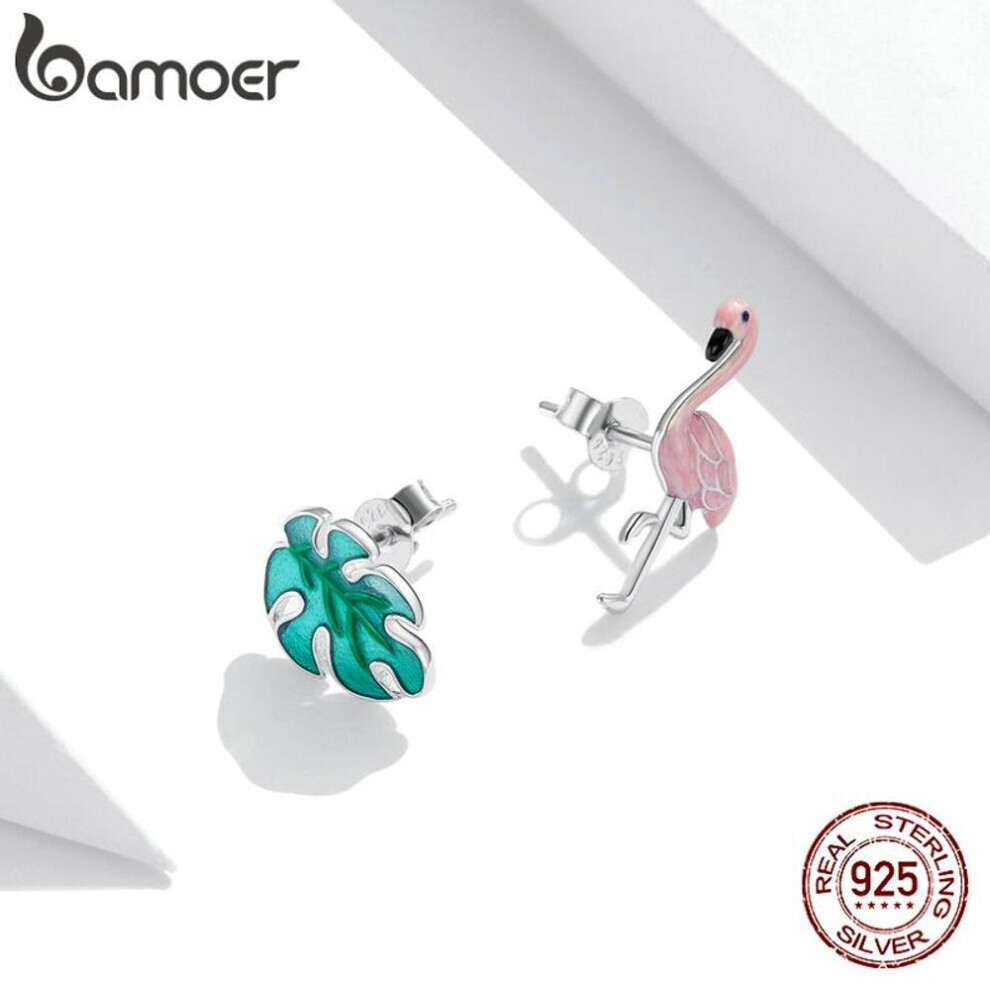 Maxpower (925 ) Bamoer 925 Sterling Flamingo And Leaf Earrings Forest Fresh Stud Earring For Girl Jewelry Silver