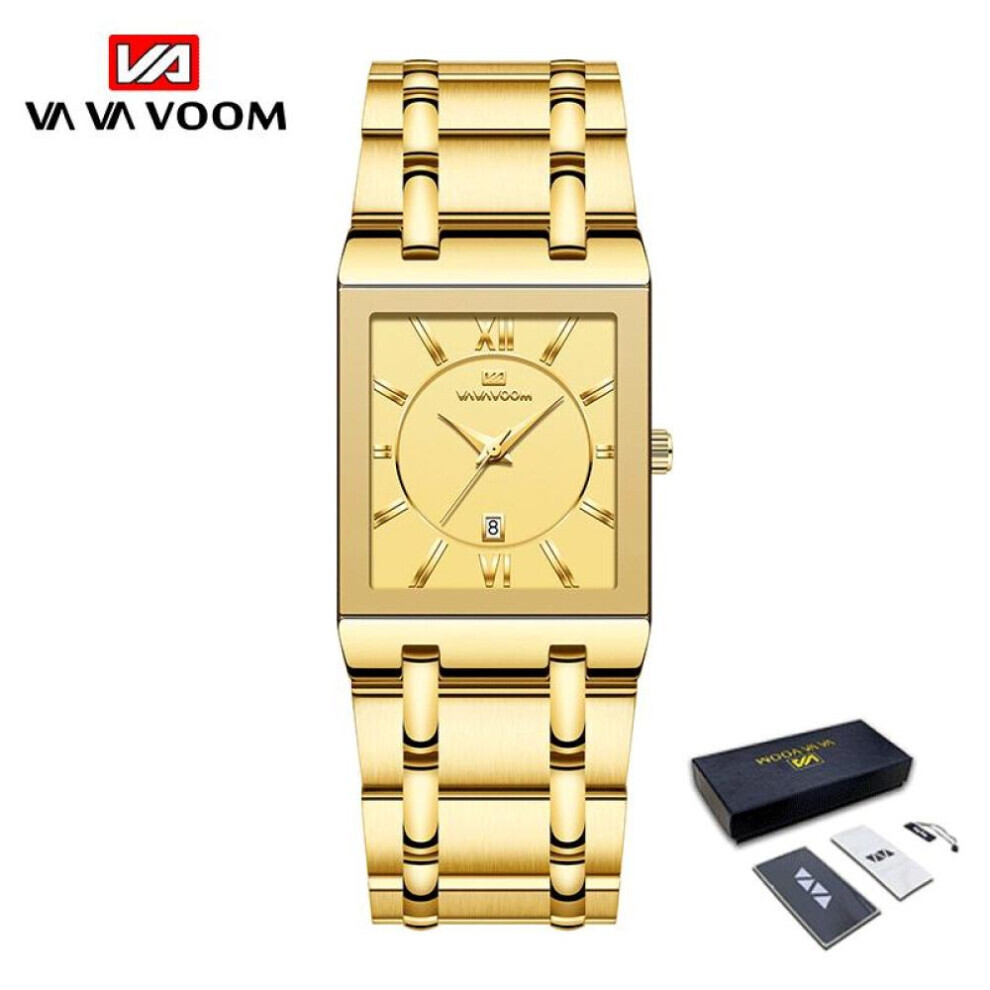 Maxpower (Golden, With Packaging) Va Va Voom Men Watches Fashion Top Brand Luxury White Square Waterproof Quartz Wristwatch Stainless Steel Date Clock Mens Cas