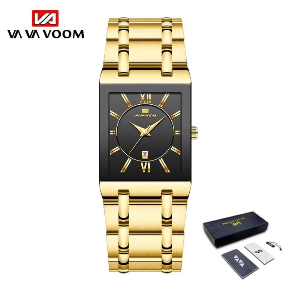 Maxpower (Gold,Black, With Packaging) Va Va Voom Men Watches Fashion Top Brand Luxury White Square Waterproof Quartz Wristwatch Stainless Steel Date Clock Mens