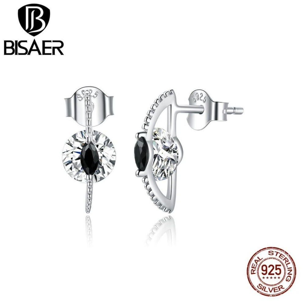 Maxpower (925 Silver) Bisaer 925 Sterling Silver Hypoallergenic Earrings Simple Zirconia Black And White Women Ear Buckles White,Black,Silver