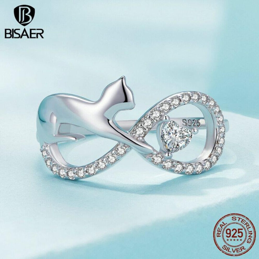 (6) Bisaer 925 Sterling Silver Cute Cat Promise Rings Infinite Heart Zircon Pet Animal Ring Plated Platinum Fine Jewelry For Women
