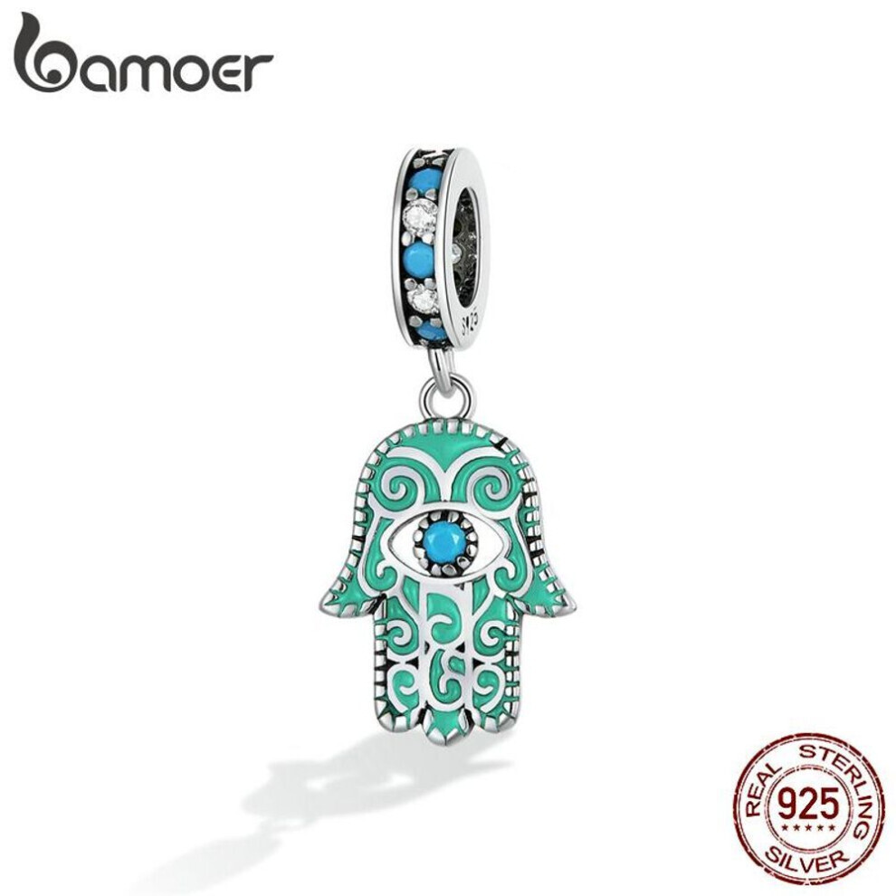 Maxpower (925 Silver) Bamoer Trendy Hand Of Fatima Pendant 925 Sterling Silver Blue Turquoise Charms Fit For Silver Bracelet & Bangle Fine Jewelry Blue,Green,Silver
