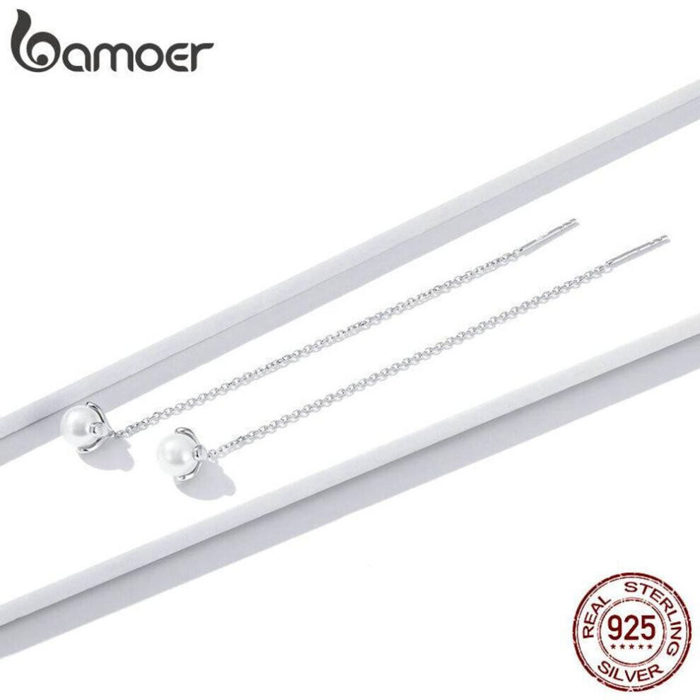 Maxpower (925 Silver) Bamoer Genuine 925 Sterling Silver Pearl Long Chain Drop Dangle Earrings For Women Elegant Jewelry White,Silver
