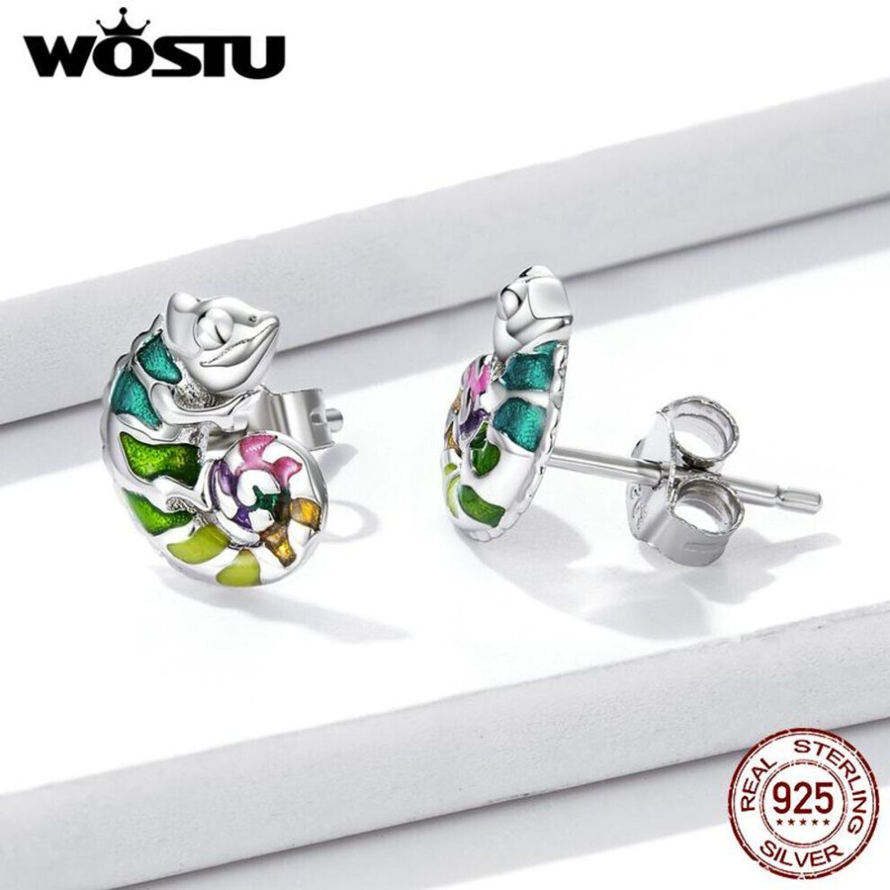 (925 silver) Wostu Genunie 925 Sterling Silver Mini Chameleon Ear Studs For Women Plated Platinum Stud Earrings Brand Fine Jewelry