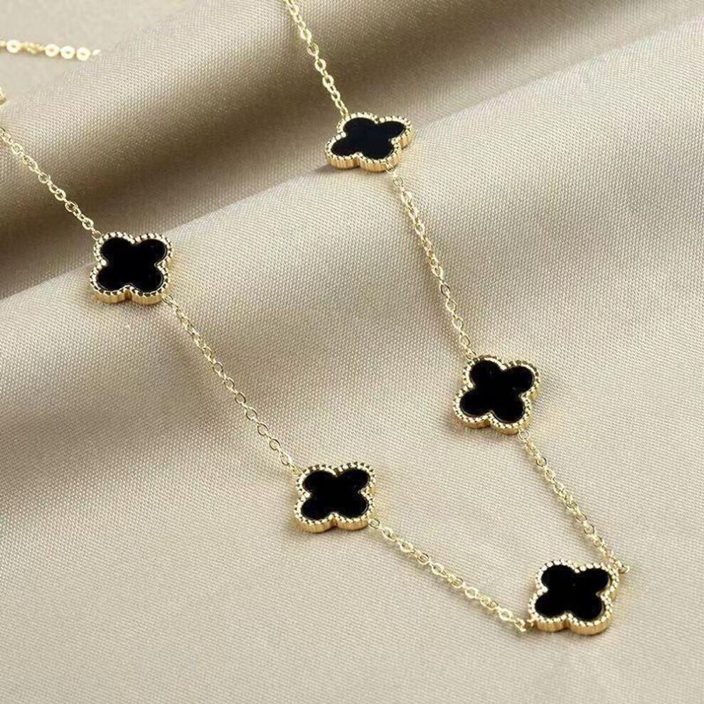 Maxpower (Black, Gold) Titanium Steel Colorless Four Leaf Grass Double Sided Fritillaria Five Flower Necklace Female Minority Collar Chain Necklace Black,Gold