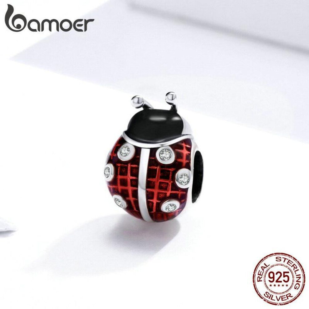 Maxpower (925 Silver) Bamoer 925 Sterling Silver Ladybug Beads Red Enamel Charm Fit Original Bracelet For Women Jewelry Red,Silver