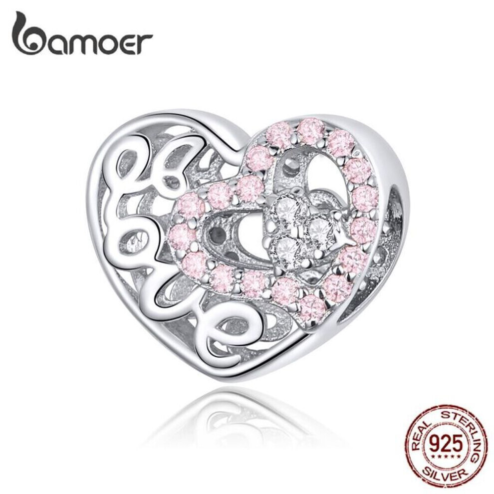 (LCC6306) Bamoer Heart Shape Charm Fit Original Silver 925 Bracelet Pink Cz Heart In Heart Love Openwork Beads