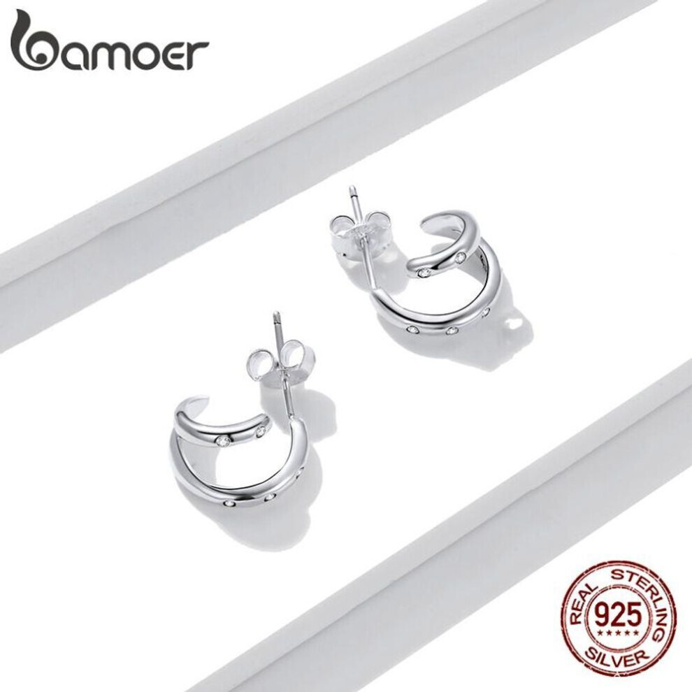 (925 silver) Bamoer 925 Sterling Silver Zircon Simple Double Loop Base Earrings Stud For Original Design Women Wedding Fine Jewelry