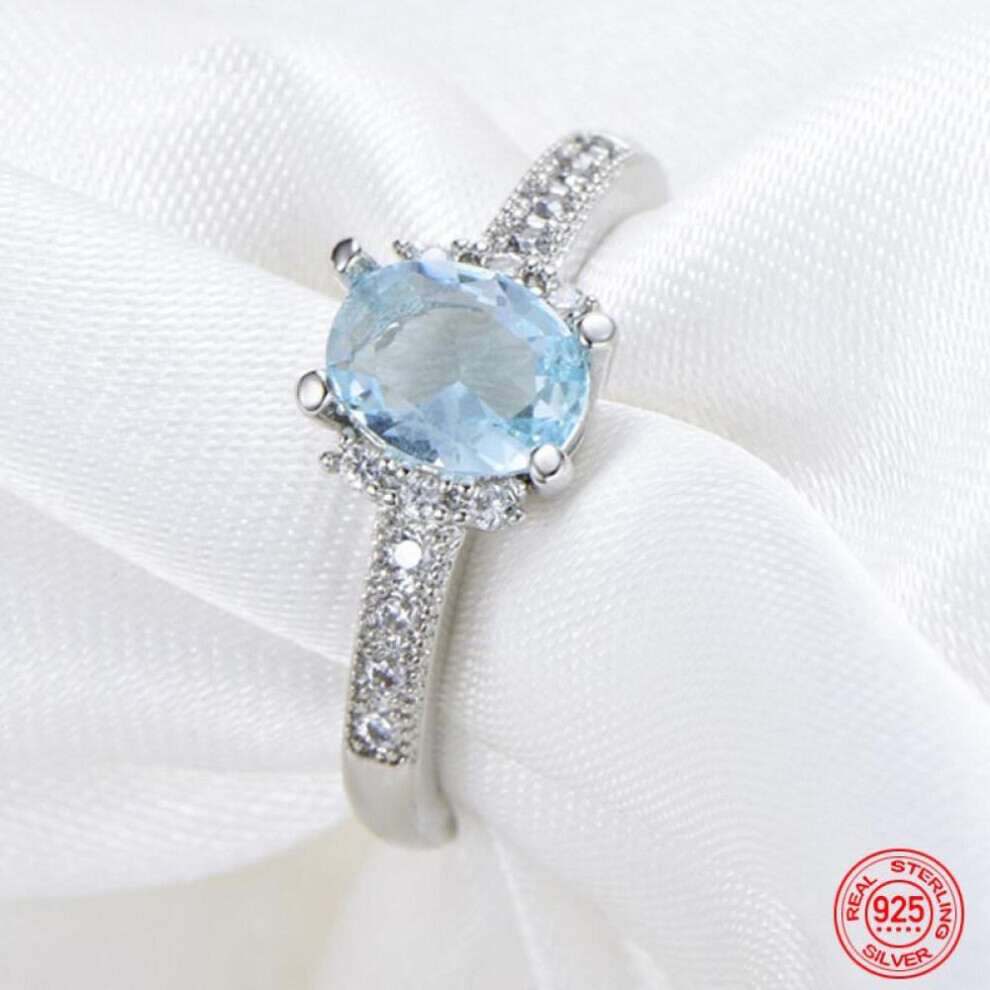 (10) S925 Sterling Silver Charm Aquamarine Ring For Women Fashion Wedding Jewelry Engagement Party Gift