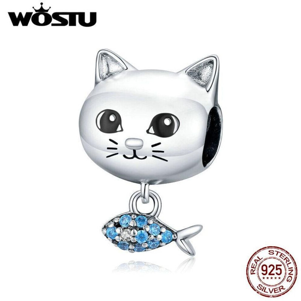 Maxpower (925 ) Wostu Original Design Cat Love Fish Genuine 925 Sterling Tiny Pendant Animal Charm Silver