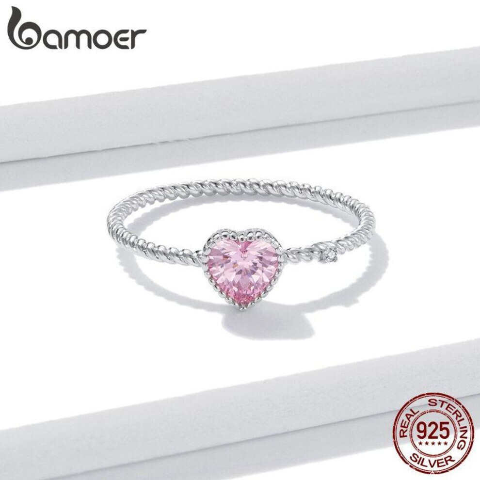 (8) Bamoer 925 Sterling Silver Shining Pink Zircon Love Heart Ring, Women Exquisite Engagement Statement Ring For Size6,7,8