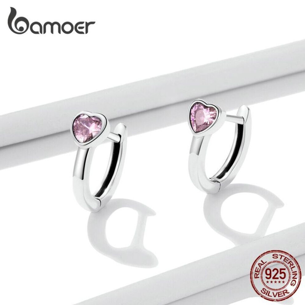 Maxpower (925 Silver) Bamoer 925 Sterling Silver Pink Cubic Zirconias Heart Shape Stud Earrings For Women Elegant Fine Jewelry Pink,Silver