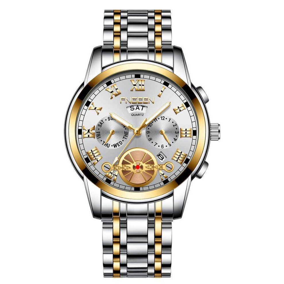 Maxpower (White) New Mechanical Style Watch Men's Fashion Men's Quartz Stainless Steel Watch With Waterproof Luminous Calendar Blue Sports Wristwatch Blue,White