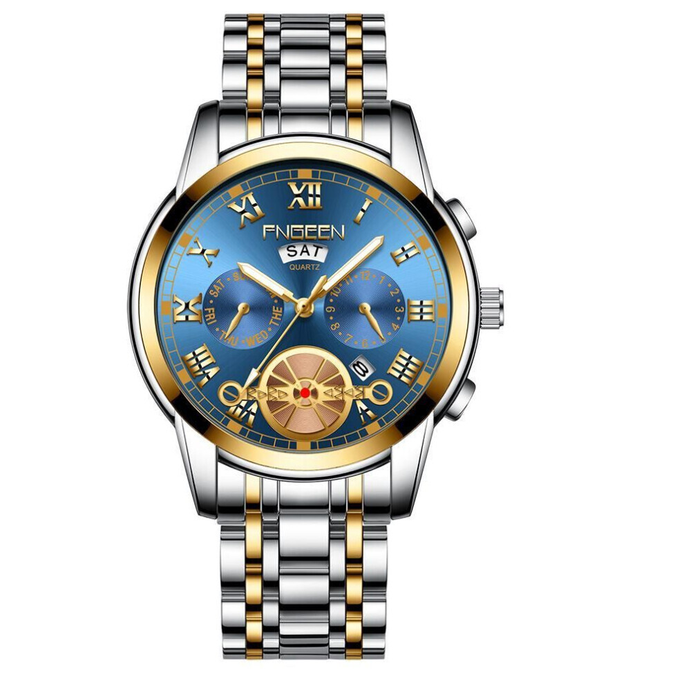 Maxpower (Blue) New Mechanical Style Watch Men's Fashion Men's Quartz Stainless Steel Watch With Waterproof Luminous Calendar Sports Wristwatch Blue