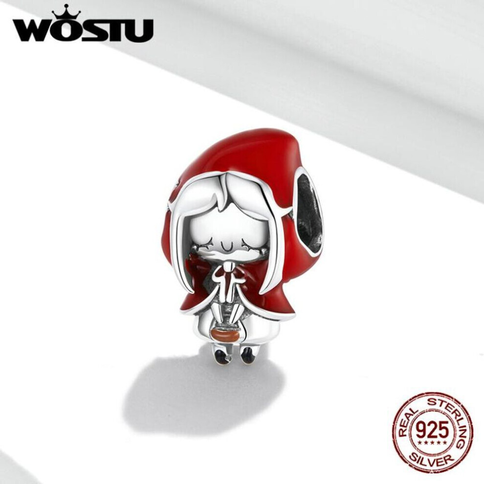(925 silver) Wostu Exquisite Fairy Tales Little Red Riding Hood 925 Sterling Silver Pendant Bead For Women Fine Christmas Jewelry