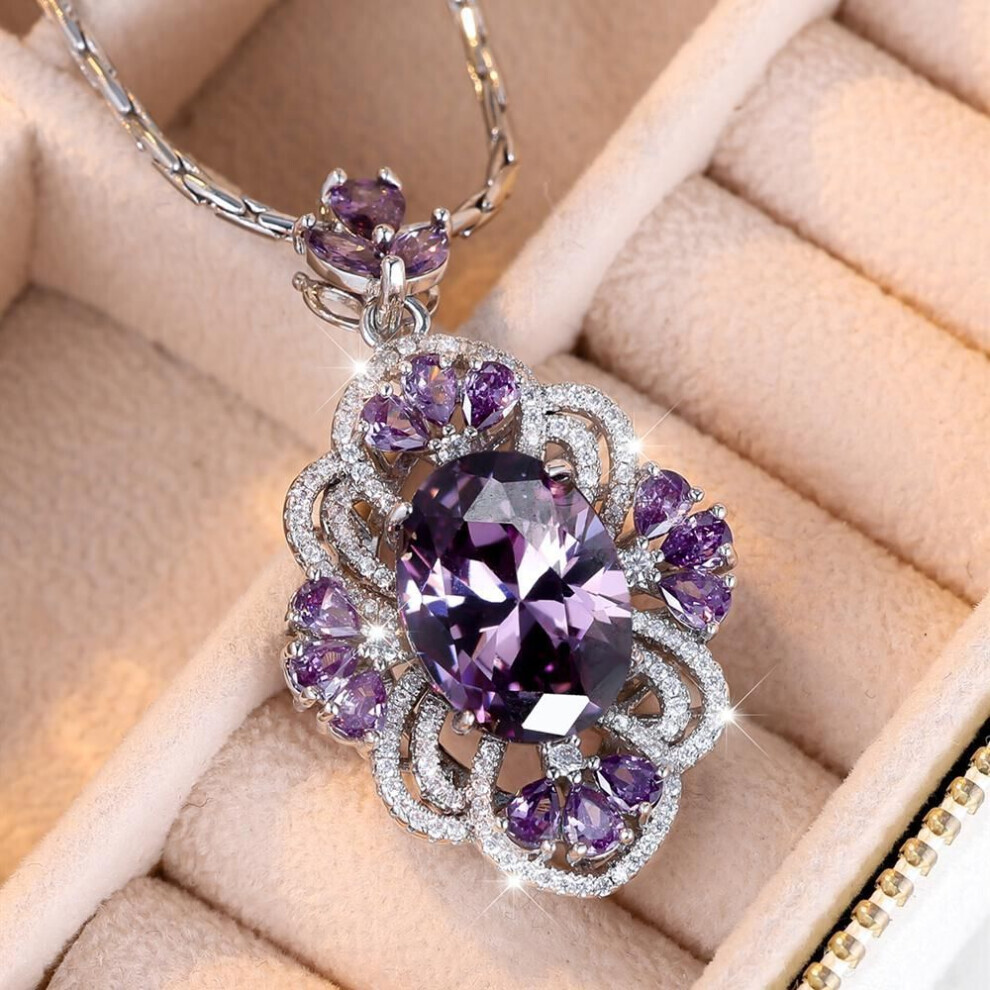 Maxpower (Purple) Luxury Purple Zircon Stone Pendant Necklaces For Women Silver Color Shiny Cz Elegant Flower Necklace Wedding Party Jewelry