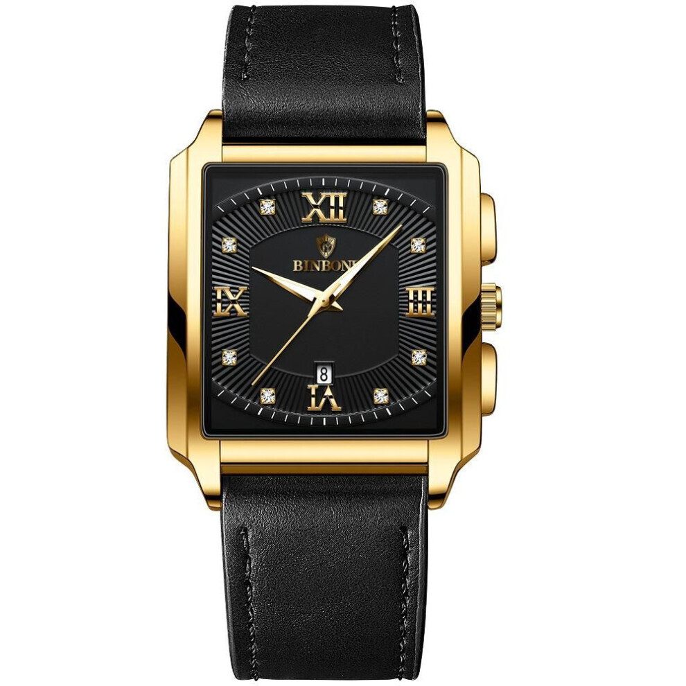 (antique gold) New Rectangular Men&apos;s Stainless Steel Strap Simple Fashion Sports Diamond Calendar Quartz Watch Gold Waterproof Wristwatch