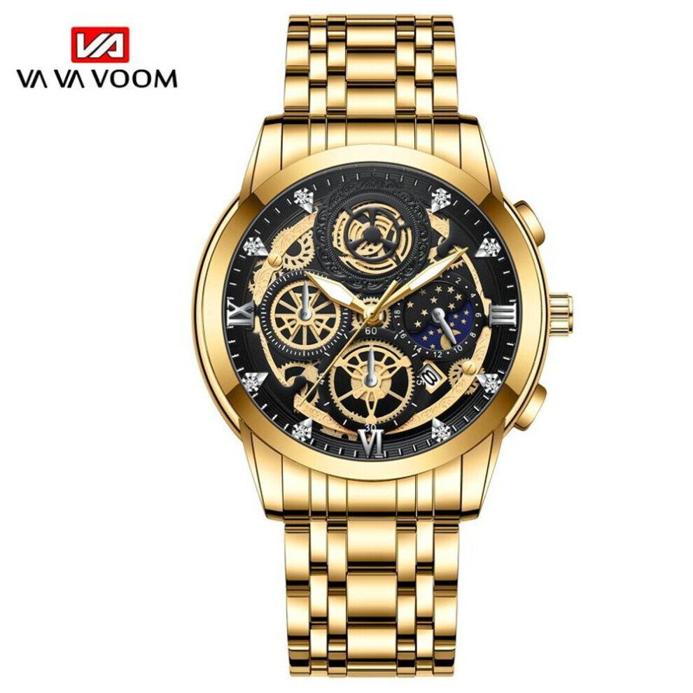 (gold, NO Packaging) Va Va Voom Fashion Luminous Quartz Watches Men Business Watch Male Stainless Steel Mesh Belt Skeleton Quartz Wrist Watch Relogio Masculino Male Clock