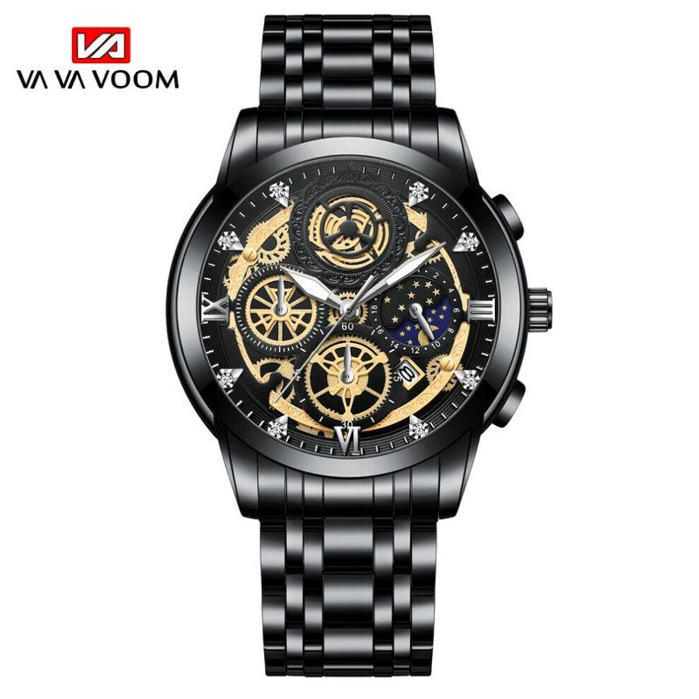 (black, NO Packaging) Va Va Voom Fashion Luminous Quartz Watches Men Business Watch Male Stainless Steel Mesh Belt Skeleton Quartz Wrist Watch Relogio Masculino Male Clock