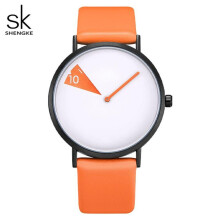 (orange) Shengke Hot Sales Creative Women's Quartz Wristwatches Ladies Watches Rotate Yellow Leather Band Clock Gifts For Friend