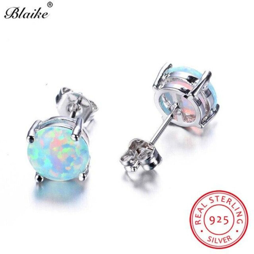 Maxpower (As The Picture) 100% 925 Sterling Silver White Fire Opal Stud Earrings For Women Fine Jewelry 8Mm Round Stone Studs Birthstone Earrings White,Silver
