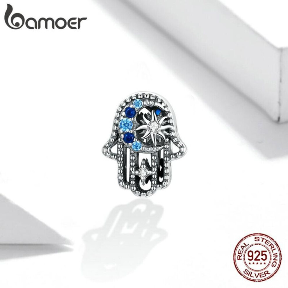 Maxpower (925 Silver) Bamoer Genuine 925 Sterling Silver Lucky Hand Blue Cz Star Moon Charm For Original Bracelet Diy Jewelry Blue,Silver