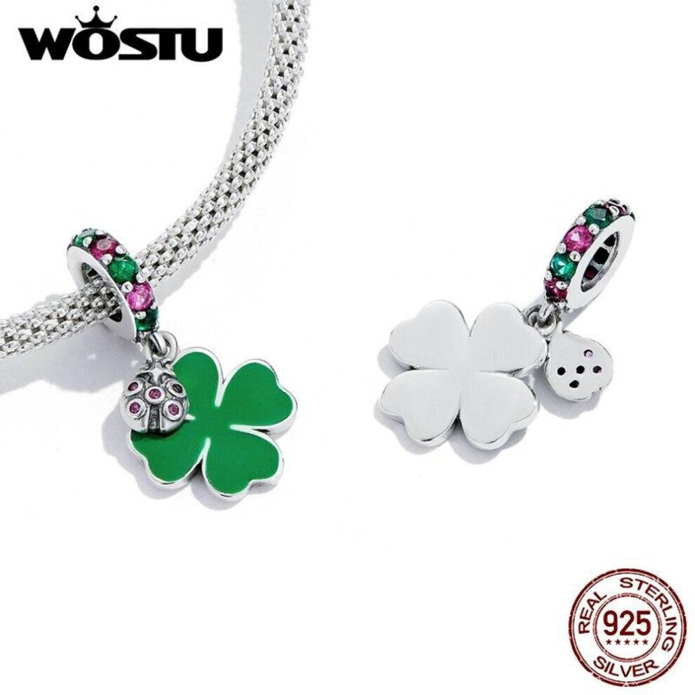 (925 silver) Wostu 925 Sterling Silver Ladybug Green Four Leaf Charm Bead Pendant Fit Original Bracelet Necklace For Women Jewelry