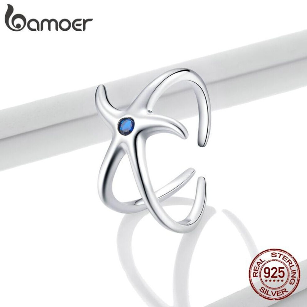 (925 silver) Bamoer 925 Sterling Silver Open Ring Starfish Ring Cz Adjustable Ring For Women Fashion Jewelry Gift