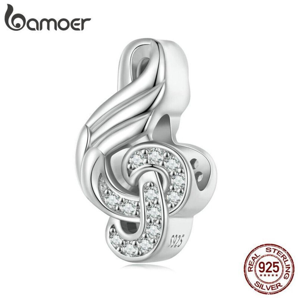 (A) Bamoer 925 Sterling Silver Guitar Charm Bead Vintage Musical Note Pendant Plated Platinum Fit Woman Bracelet Necklace Jewelry