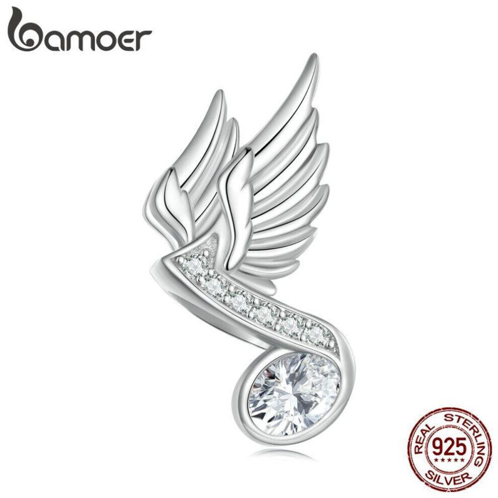 (B) Bamoer 925 Sterling Silver Guitar Charm Bead Vintage Musical Note Pendant Plated Platinum Fit Woman Bracelet Necklace Jewelry