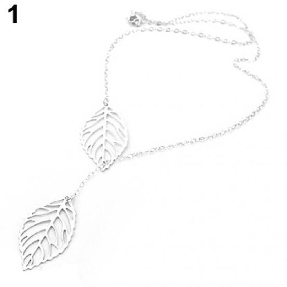 Maxpower (Silver) Women's Simple 2 Leaves Choker Collar Statement Pendant Necklace Jewelry Silver