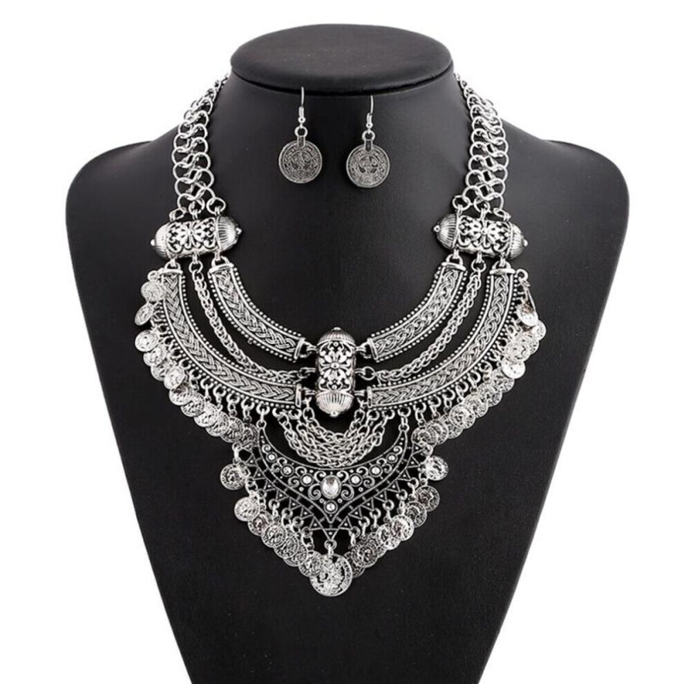 Maxpower (Silver) Rui Rui Yu Women Fashion Choker Collares Jewelry Set Bohemian Style Necklaces Earrings Set Silver