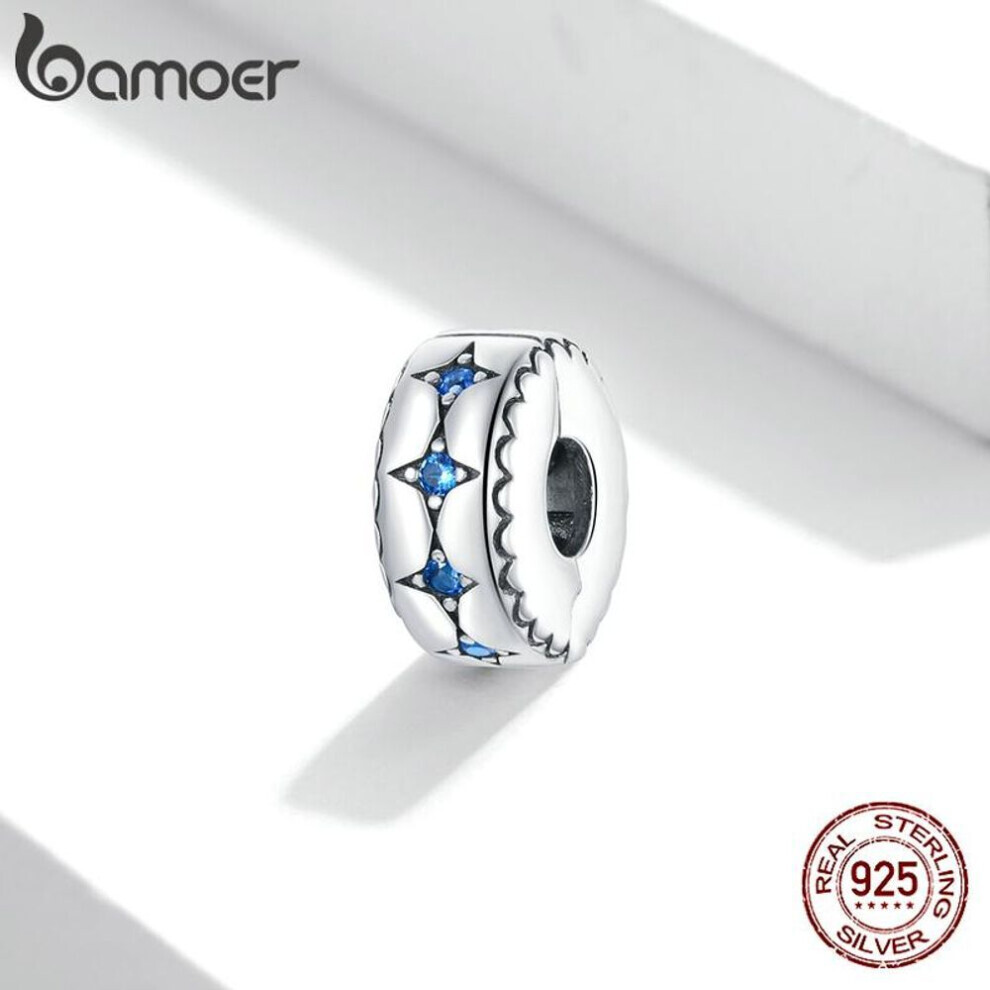Maxpower (925 Silver) Bamoer Round Star Bead 925 Sterling Silver Blue Zircon Cz Charm Clip Stopper For Bracelet Bangle Blue,Silver