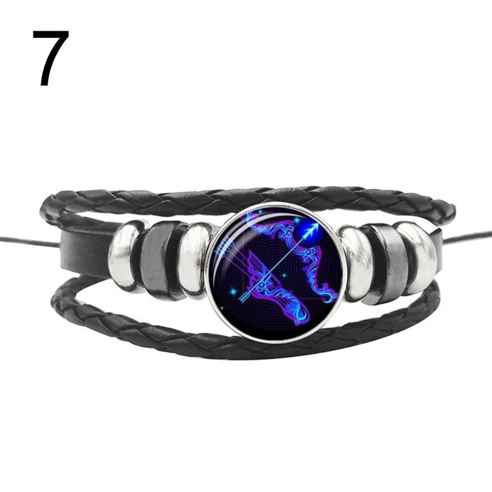 Maxpower (7#) 12 Punk Constellations Charm Unisex Multilayer Faux Braided Bracelet Leather