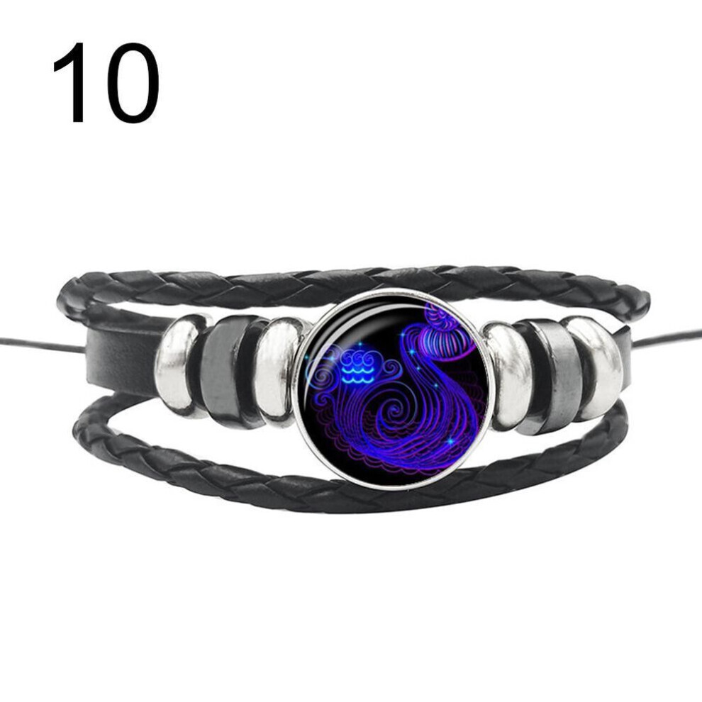 Maxpower (10#) 12 Punk Constellations Charm Unisex Multilayer Faux Braided Bracelet Leather
