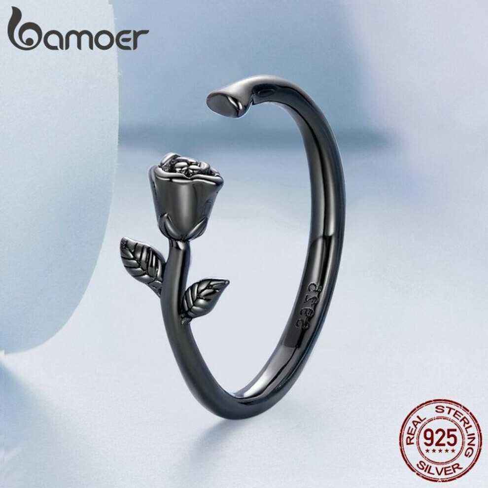 Maxpower (Black, 925 Silver) Bamoer Engraved Pattern Ring Real 925 Sterling Silver The Rose Adjustable Size Rings For Women Black,Silver