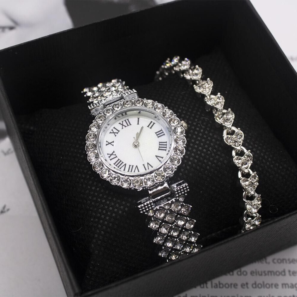 (silver) New Luxury Women Watches Bracelet Set Roma Full Diamond Wrist Watches Set For Lady Anniversary Gift Gold Silver Watch