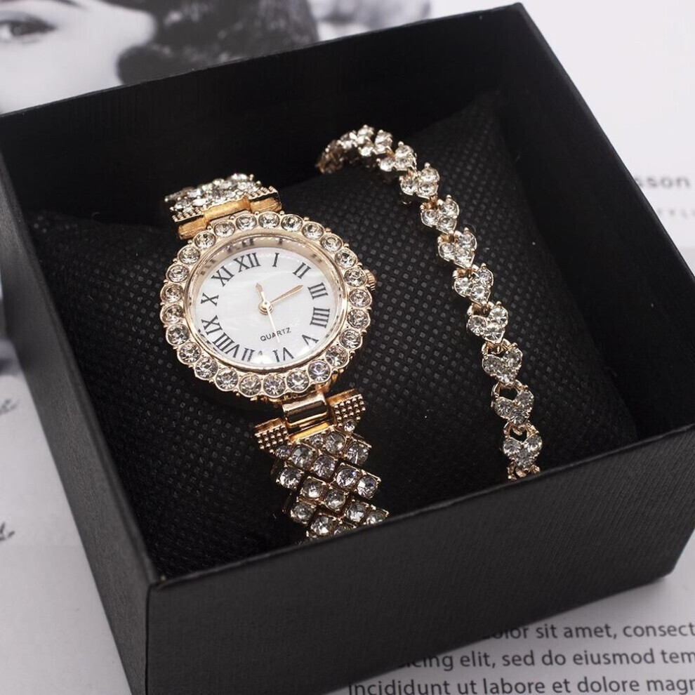 (gold) New Luxury Women Watches Bracelet Set Roma Full Diamond Wrist Watches Set For Lady Anniversary Gift Gold Silver Watch
