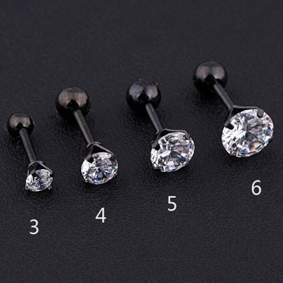 (black, 4mm) 1pc Stainless Steel Crystal Zircon Ear Studs Earrings For Women/men 4 Prong Tragus Cartilage Piercing Jewelry