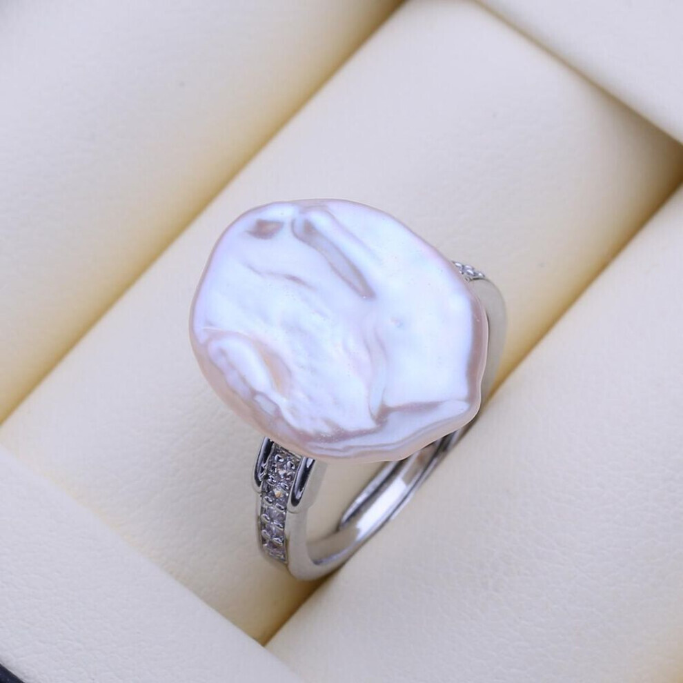 Maxpower (, Adjustable Size) Fenasy Big Baroque Natural Freshwater Pearl Rings For Women Fashion Female Cubic Zirconia Big Pearl Ring Birthday Gift White