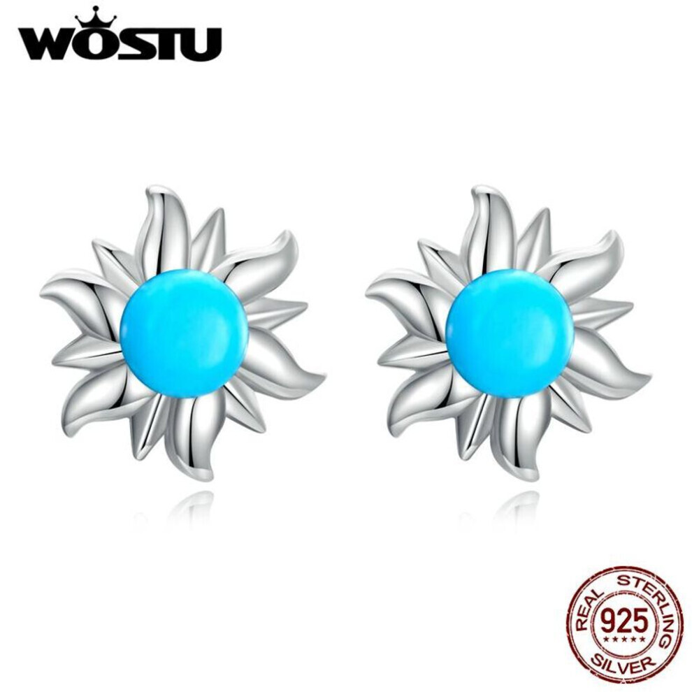 Maxpower (925 Silver) Wostu 925 Sterling Silver Tiny Sun Stud Earrings For Women Trendy Fine Wedding Jewelry Blue Turquoise Piercing Earrings Blue,Green,Silver
