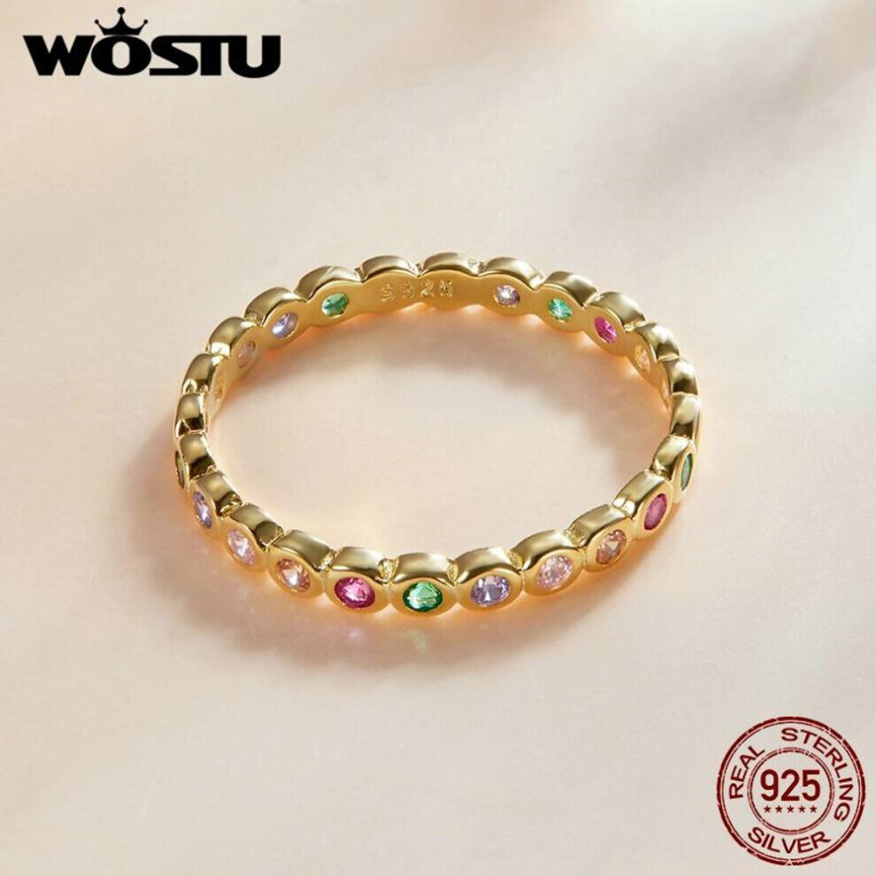 Maxpower (Golden, 8B) Wostu 925 Sterling Colorful Cubic Zirconia Lucky Rainbow Rings, Women Stackable Statement Ring For Size 6,7,8 Silver