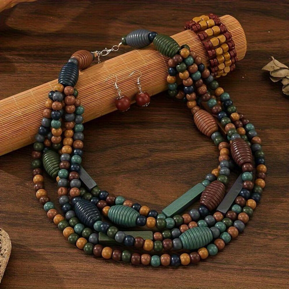 (multicolor) Boho Vintage Style Multi-layered Wooden Bead Necklace, Bracelet And Earrings Set, Synthetic April Birthstone