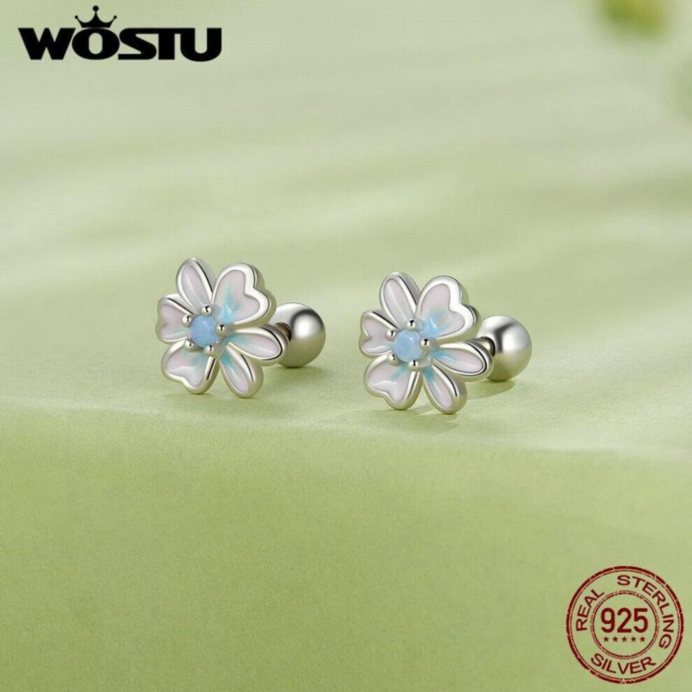 Maxpower (925 Silver) Wostu Real 925 Sterling Silver Blue And Pink Gradual Enamel Flower Stud Earrrings For Girl Jewelry Gift Blue,Pink,Silver