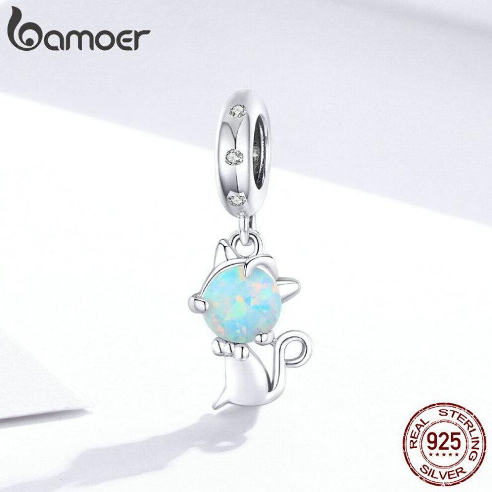Maxpower (925 ) Bamoer Genuine 925 Sterling Opal Cat Animal Pendant Charm Fit Original Bracelet Or Necklace Silver