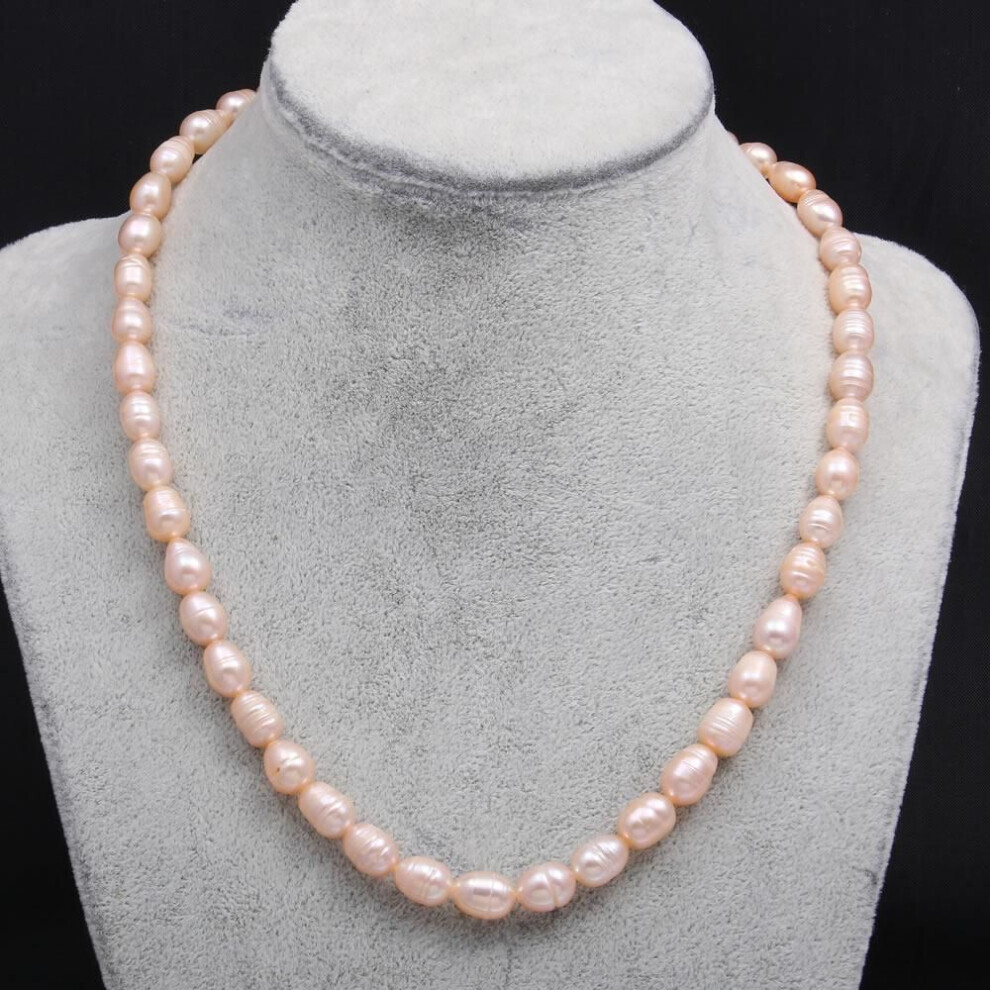 (pink, 8-9mm) Women Pearl Necklace Natural Freshwater Pearl Rice-shaped Beads For Birthday Gift Chain 45 Cm