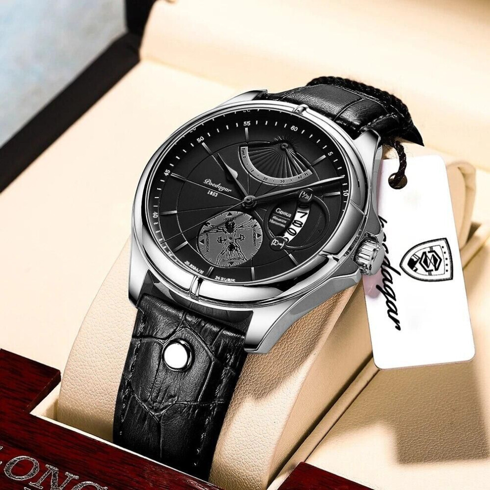 (silver,black) Men Watch Fashion Top Luxury Sport Men&apos;s Wristwatch Waterproof Luminous Leather Date Quartz Watches Man Clock