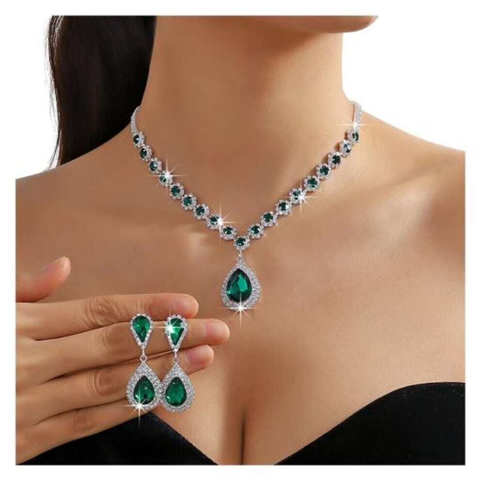 (green) 2pcs/set Women Wedding Jewelry Set Waterdrop Shape Shining Faux Crystal Choker Necklace Dangle Earrings Set